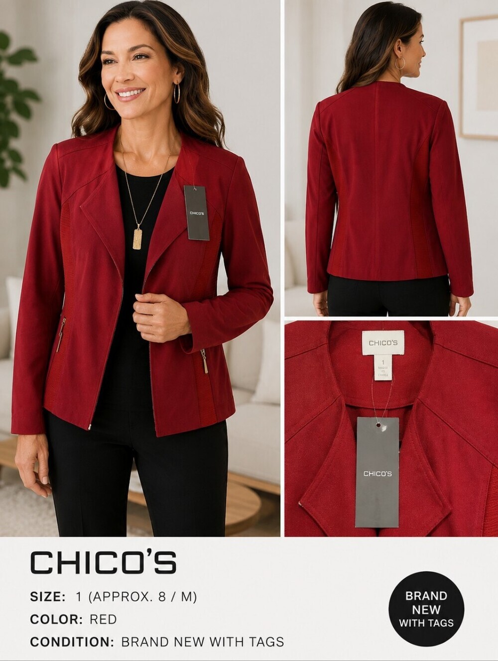 Chico's Crimson Open-Front Blazer with Zip Details